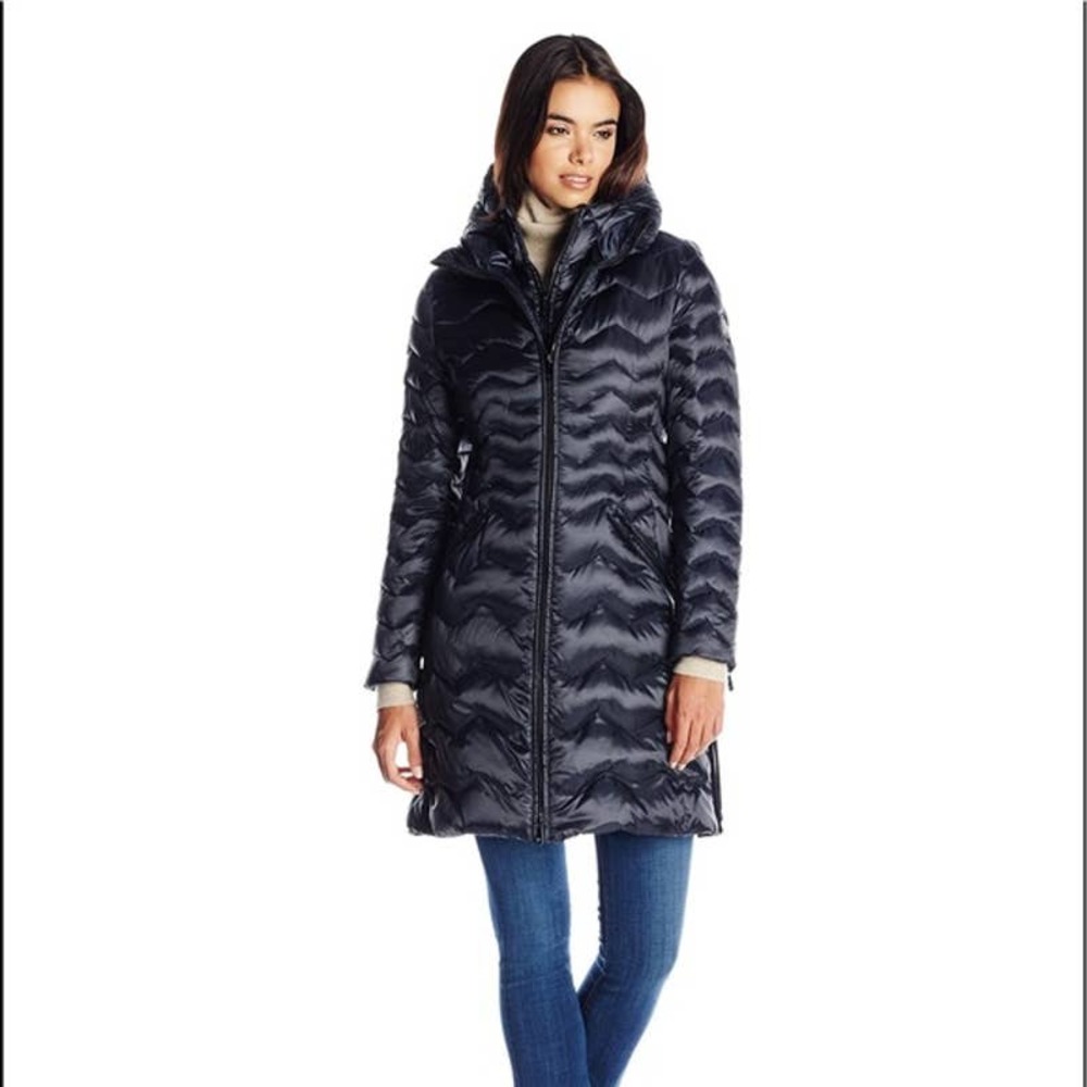 Dawn Levy Navy Blue Karen Down Chevron Puffer Coat